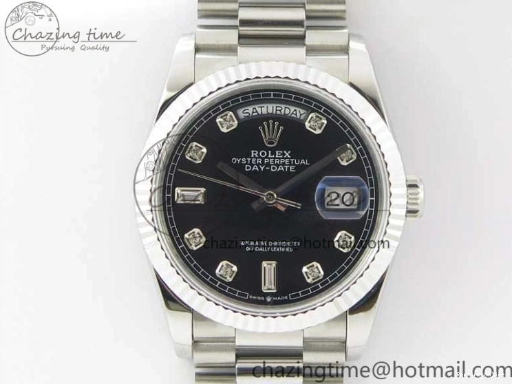 0415 TopPick Day-Date 36 SS 128239 Bp Maker Best Edition Black Dial Crystral Markers on President Bracelet 3149